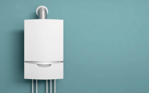 A white tankless water heater installed on a teal wall
